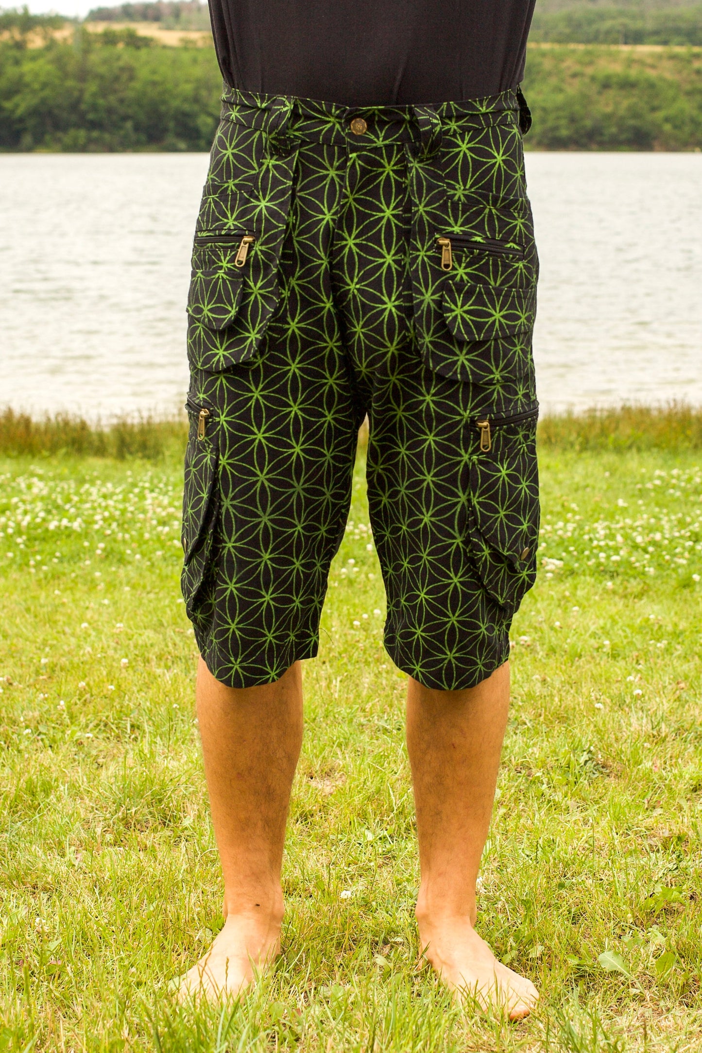 green Flower of Life Pants with many pockets - intelligent 2 in 1 shorts or long pants - handmade comfortable sacred geometry pattern