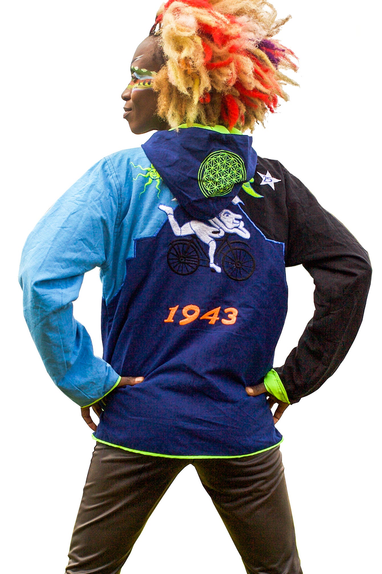 LSD Bicycle Day UV jacket in Blue & Black - blacklight active 4 pockets flower of life hoody Albert Hofmann vintage art psychedelic clothing