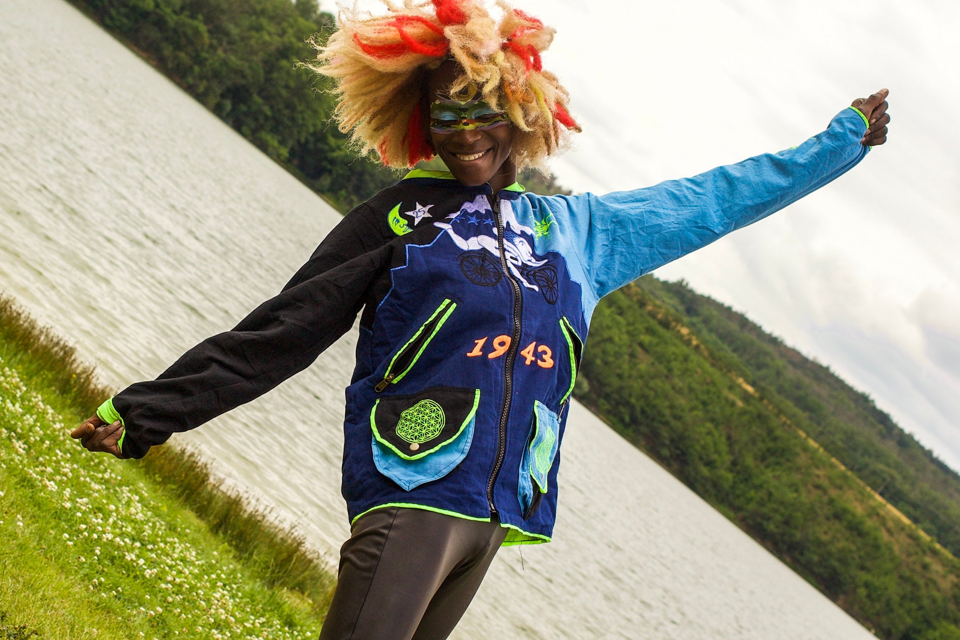 LSD Bicycle Day UV jacket in Blue & Black - blacklight active 4 pockets flower of life hoody Albert Hofmann vintage art psychedelic clothing