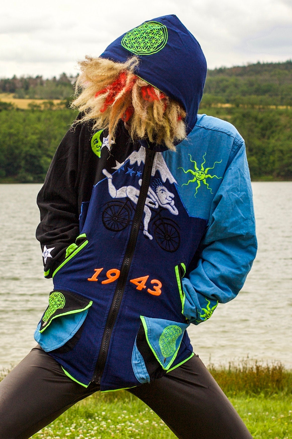 LSD Bicycle Day UV jacket in Blue & Black - blacklight active 4 pockets flower of life hoody Albert Hofmann vintage art psychedelic clothing