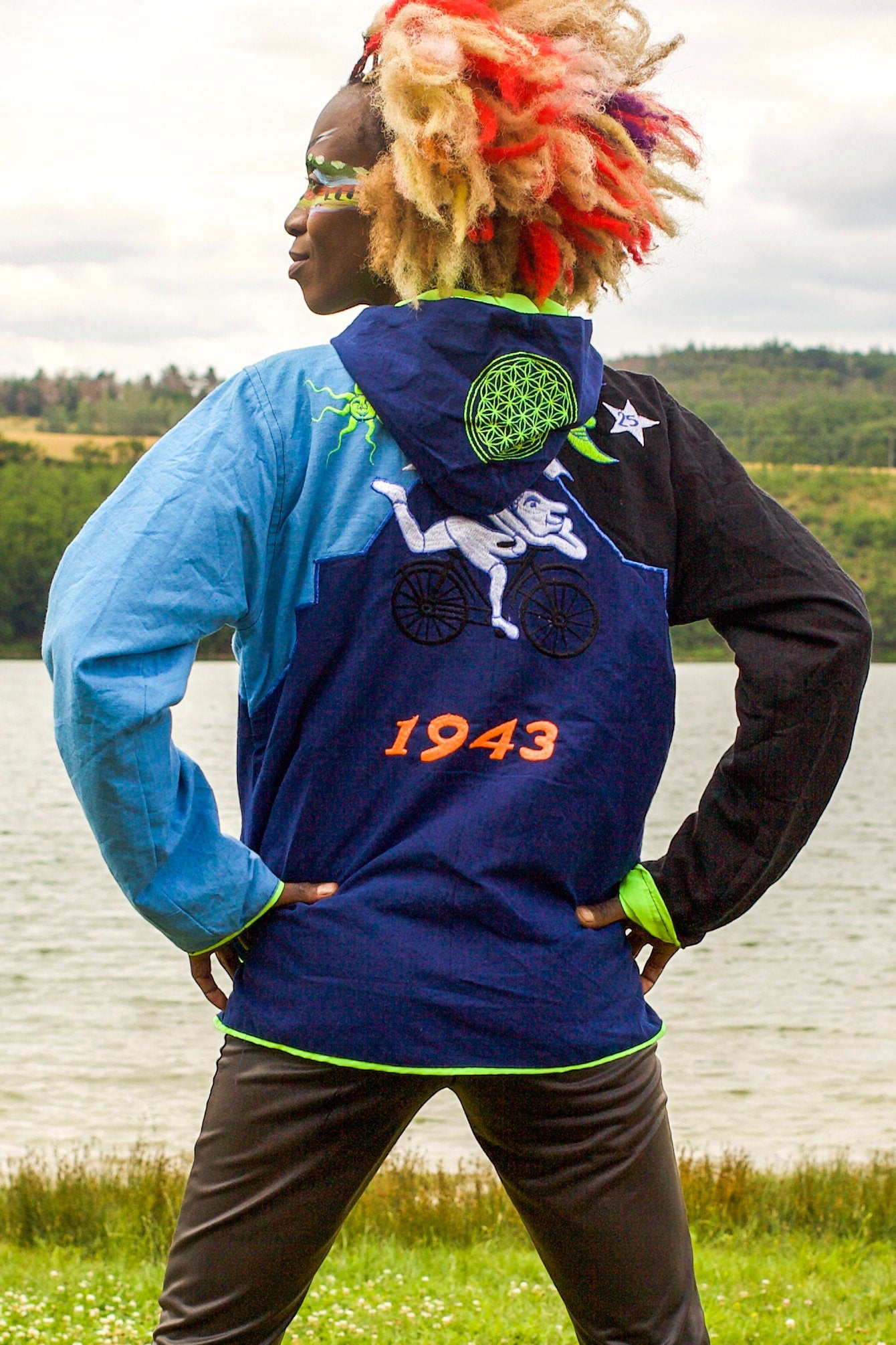 LSD Bicycle Day UV jacket in Blue & Black - blacklight active 4 pockets flower of life hoody Albert Hofmann vintage art psychedelic clothing