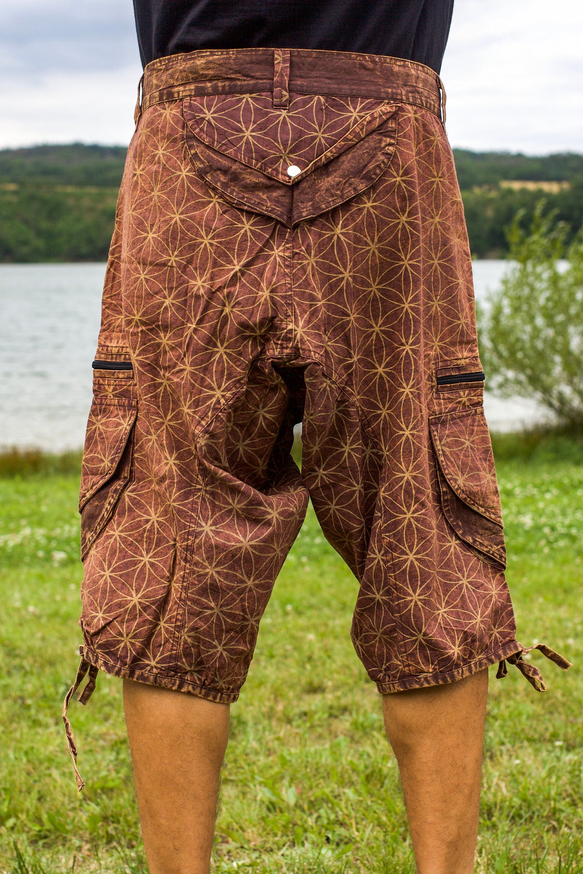 Brown Flower of Life Pants - sacred geometry pattern shorts - 9 pockets handmade long and short pants  size adjustable with 2 buttons