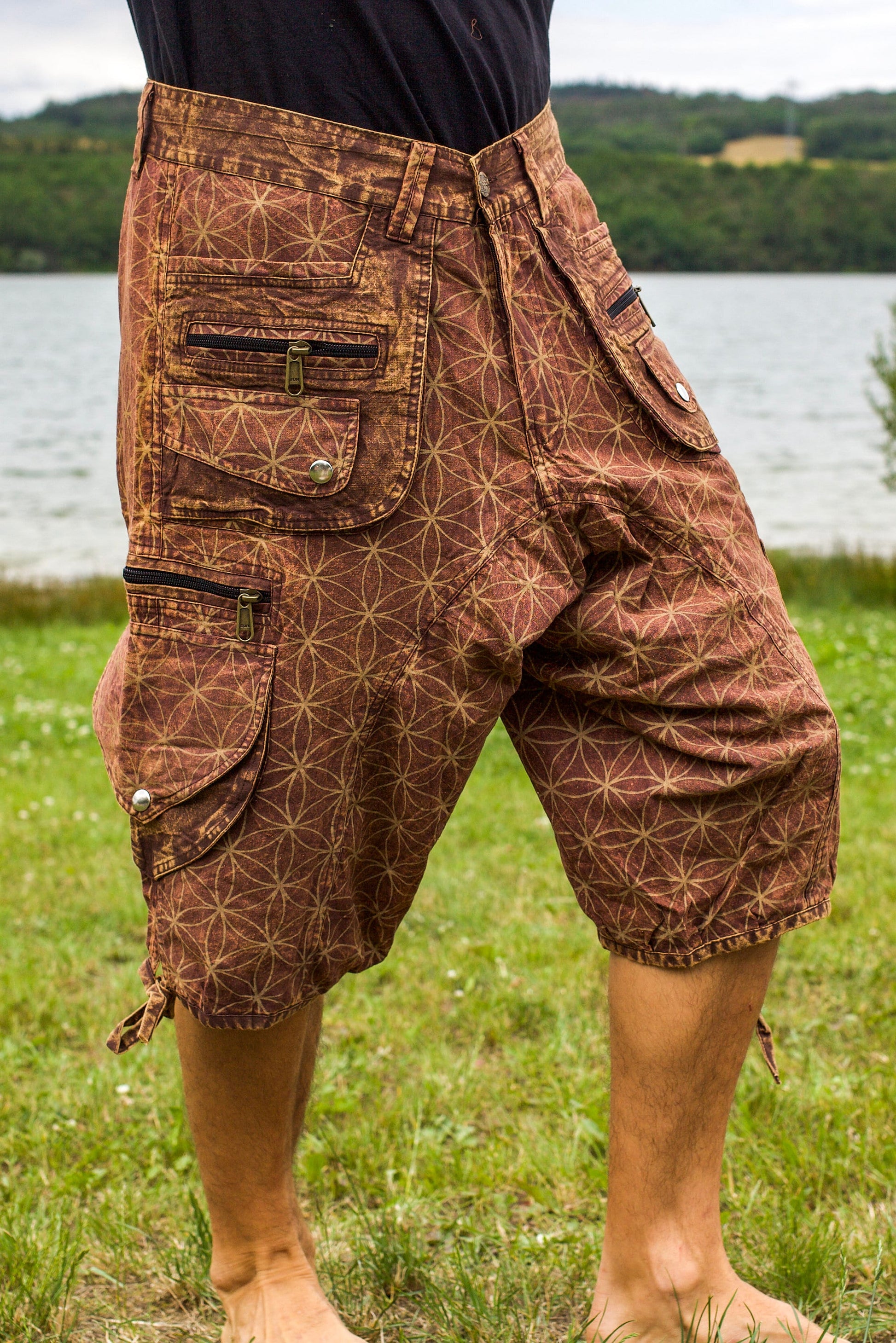 Brown Flower of Life Pants - sacred geometry pattern shorts - 9 pockets handmade long and short pants  size adjustable with 2 buttons