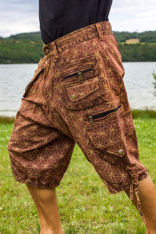Brown Flower of Life Pants - sacred geometry pattern shorts - 9 pockets handmade long and short pants  size adjustable with 2 buttons
