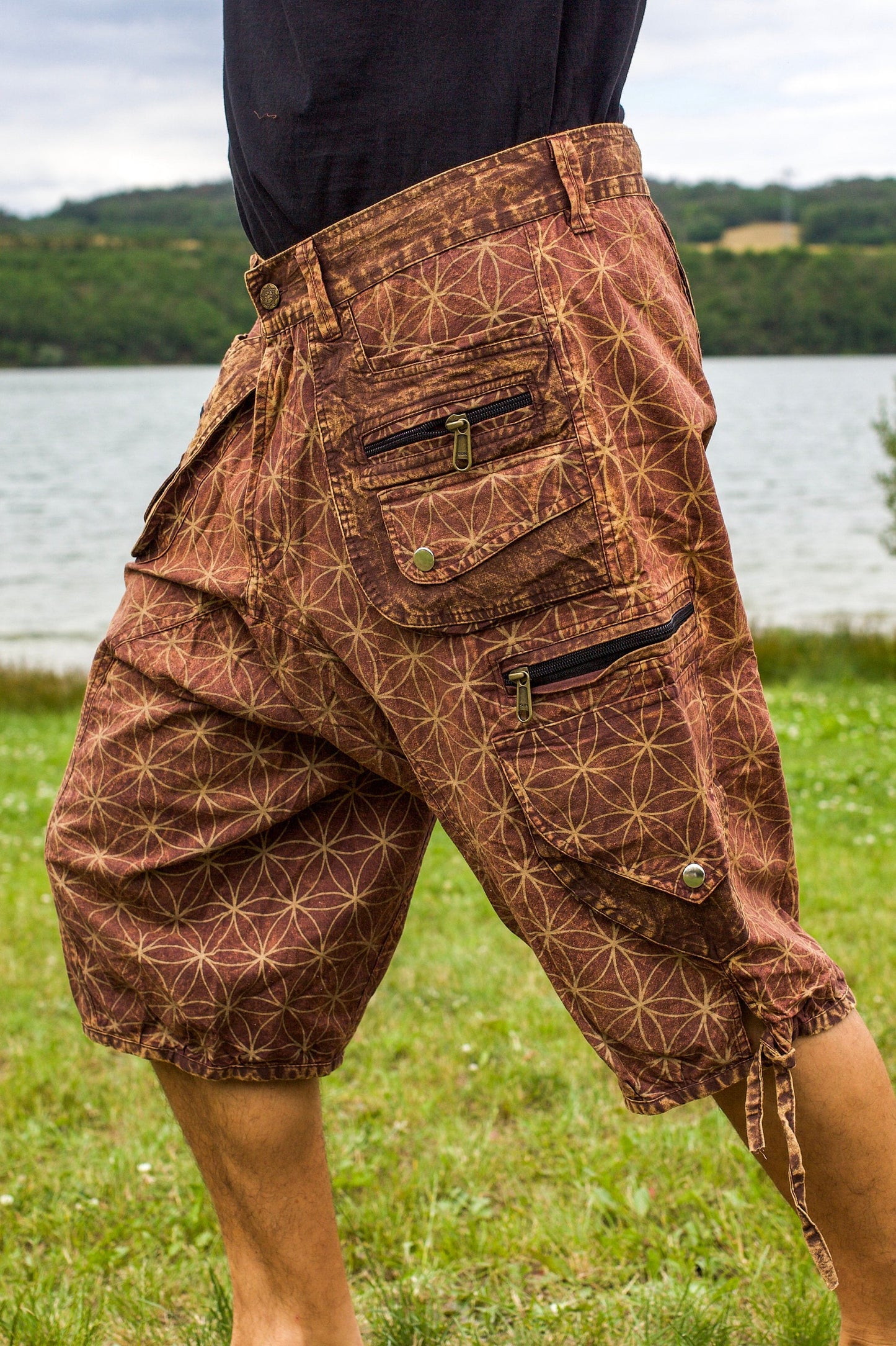 Brown Flower of Life Pants - sacred geometry pattern shorts - 9 pockets handmade long and short pants  size adjustable with 2 buttons