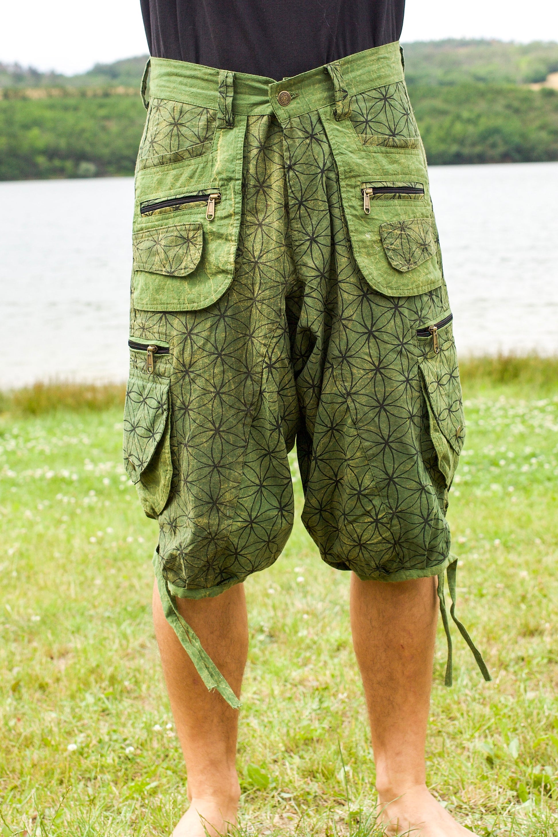 Green Flower of Life Pants - sacred geometry pattern shorts - 9 pockets handmade long and short pants  size adjustable with 2 buttons