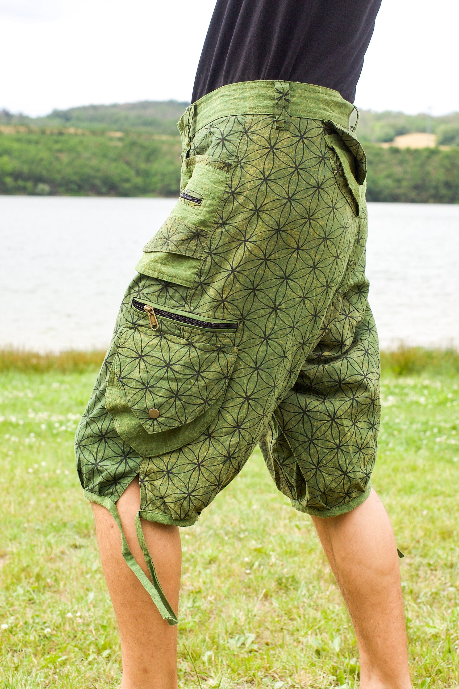 Green Flower of Life Pants - sacred geometry pattern shorts - 9 pockets handmade long and short pants  size adjustable with 2 buttons