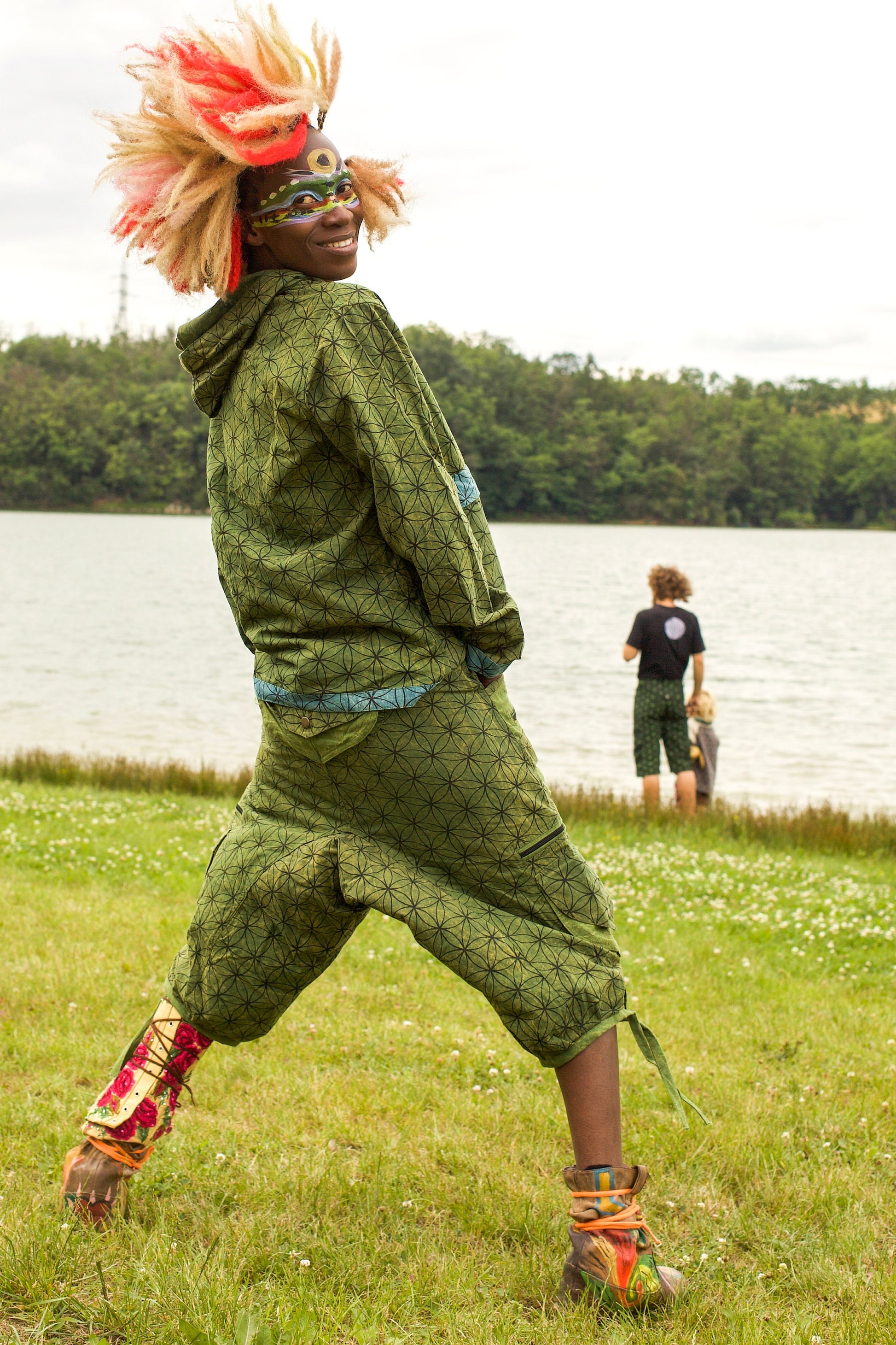 Green Flower of Life Pants - sacred geometry pattern shorts - 9 pockets handmade long and short pants  size adjustable with 2 buttons