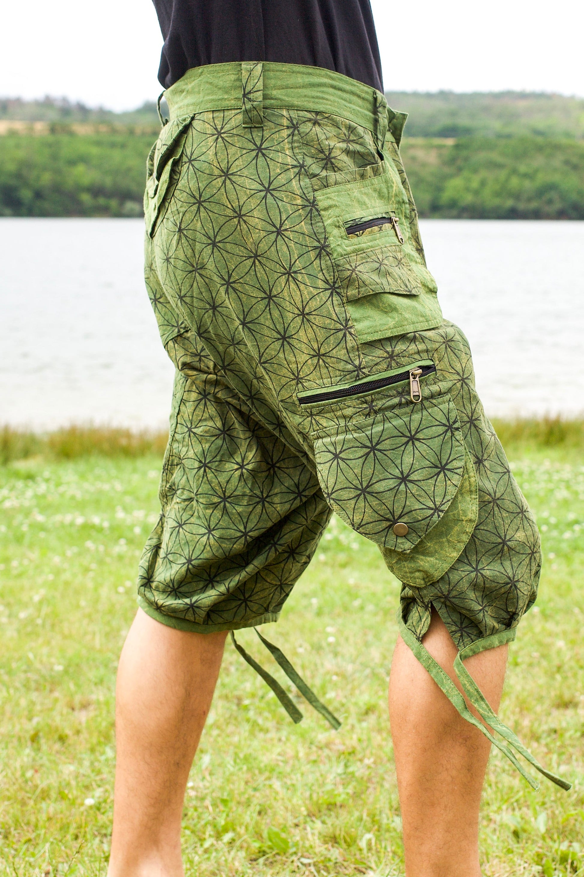 Green Flower of Life Pants - sacred geometry pattern shorts - 9 pockets handmade long and short pants  size adjustable with 2 buttons