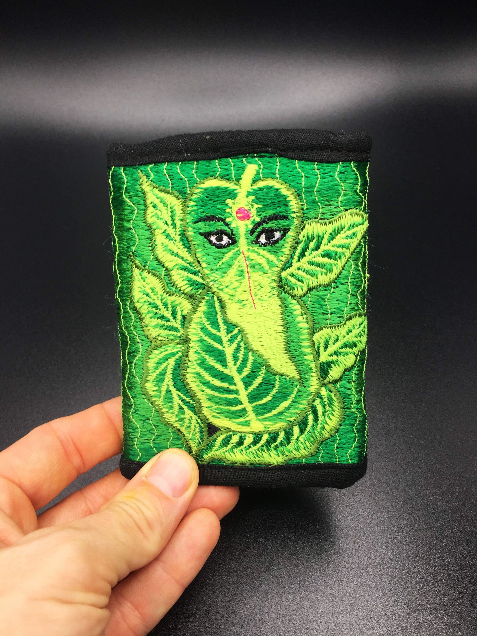 Green Ganesha moneypocket - blacklight glowing wallet pocket for coins and cards and 2 for papermoney with hook & loop handmade embroidery