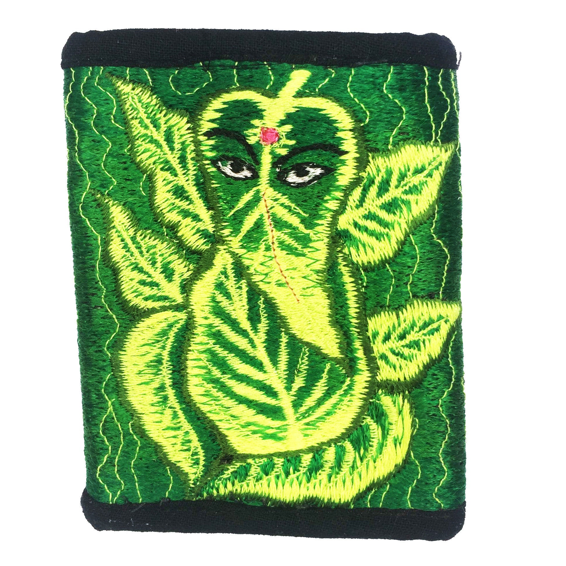 Green Ganesha moneypocket - blacklight glowing wallet pocket for coins and cards and 2 for papermoney with hook & loop handmade embroidery