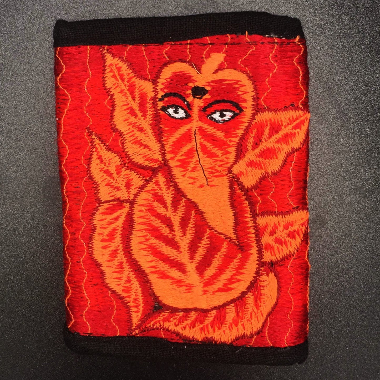 Red Ganesha moneypocket - blacklight glowing wallet pocket for coins and cards and 2 for papermoney with hook & loop handmade embroidery
