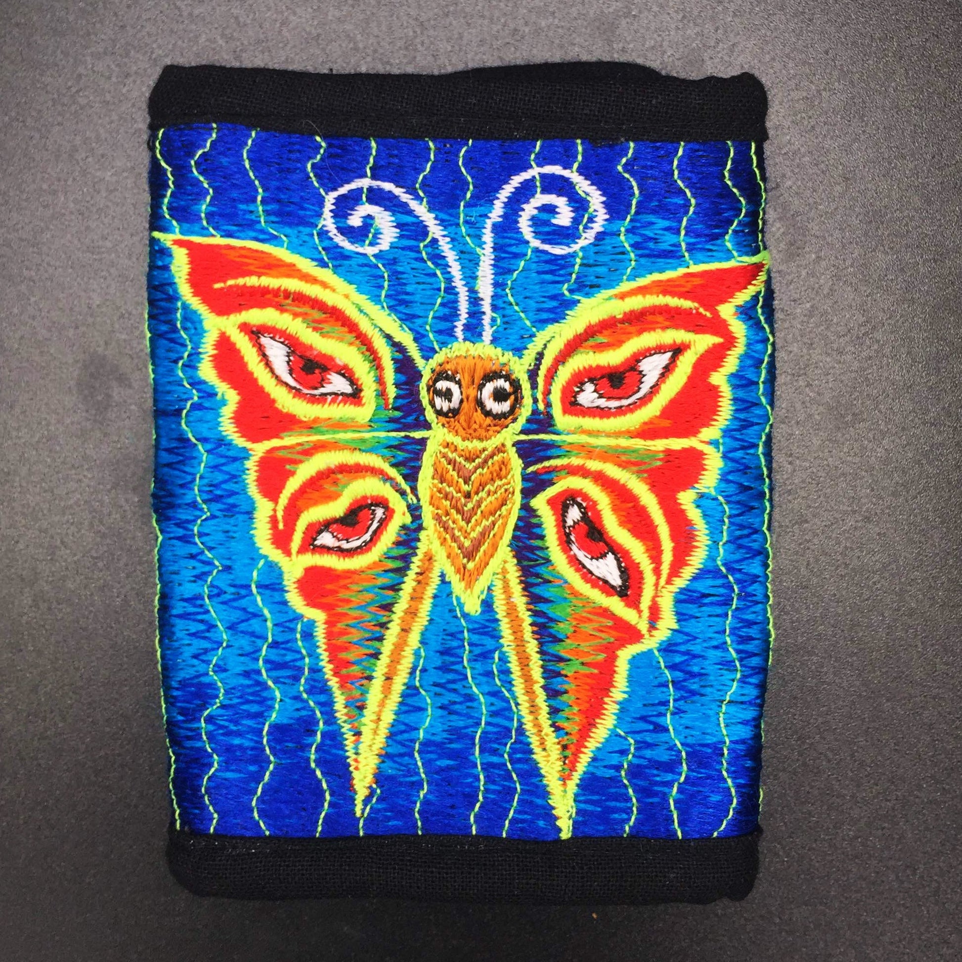 Rainbow butterfly moneypocket - blacklight glowing wallet pocket for coins and cards and 2 for papermoney hook & loop buddha eyes goa purse