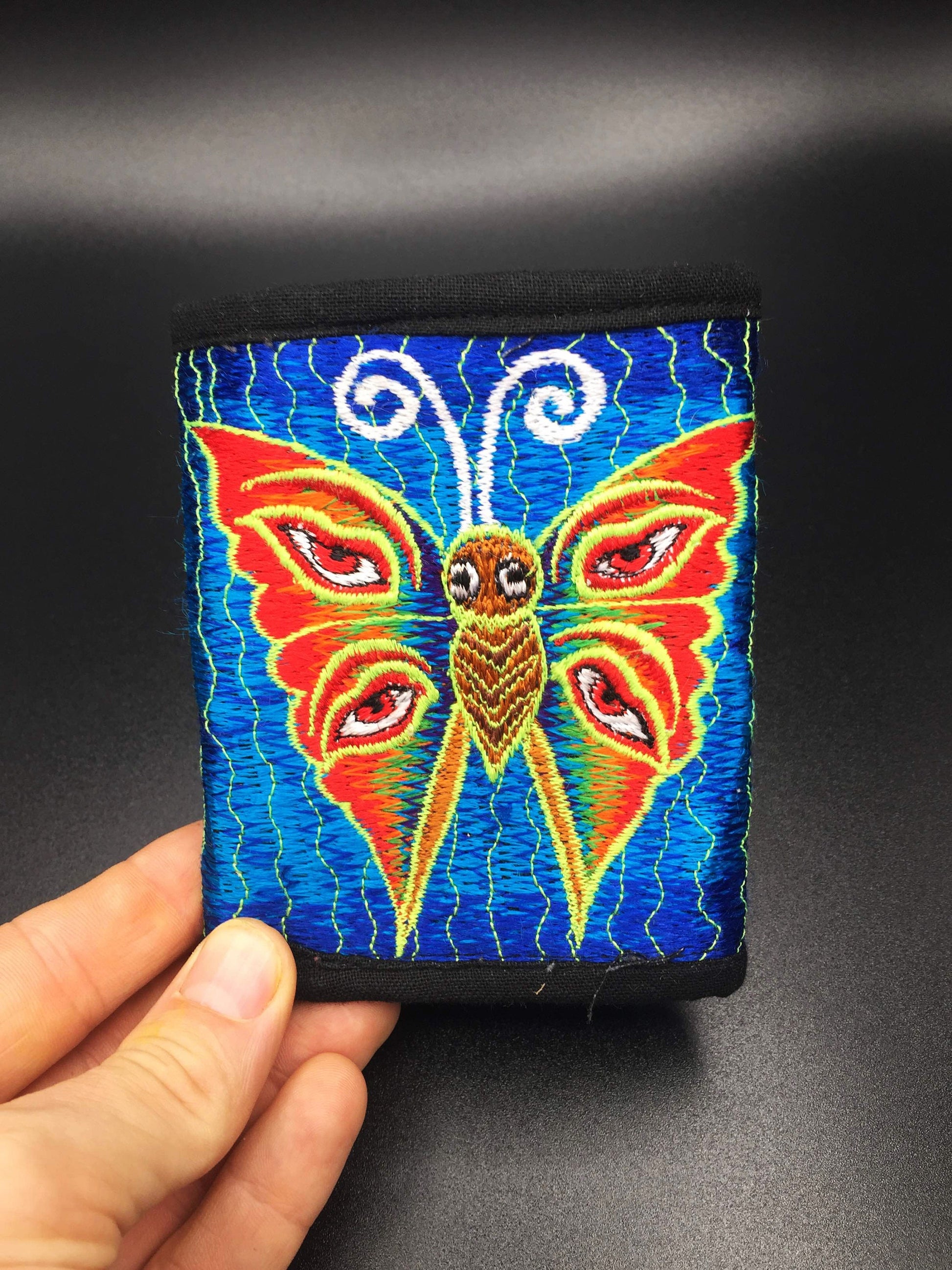 Rainbow butterfly moneypocket - blacklight glowing wallet pocket for coins and cards and 2 for papermoney hook & loop buddha eyes goa purse