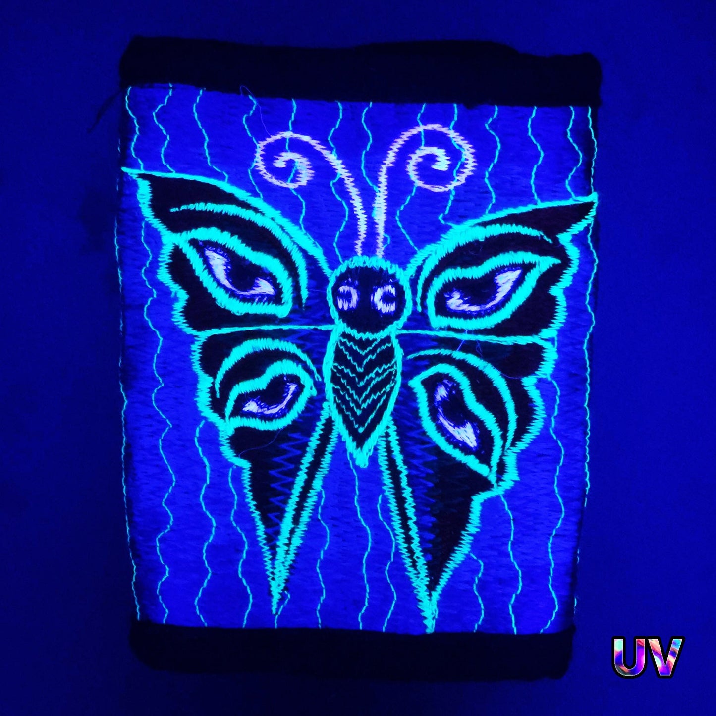 Rainbow butterfly moneypocket - blacklight glowing wallet pocket for coins and cards and 2 for papermoney hook & loop buddha eyes goa purse