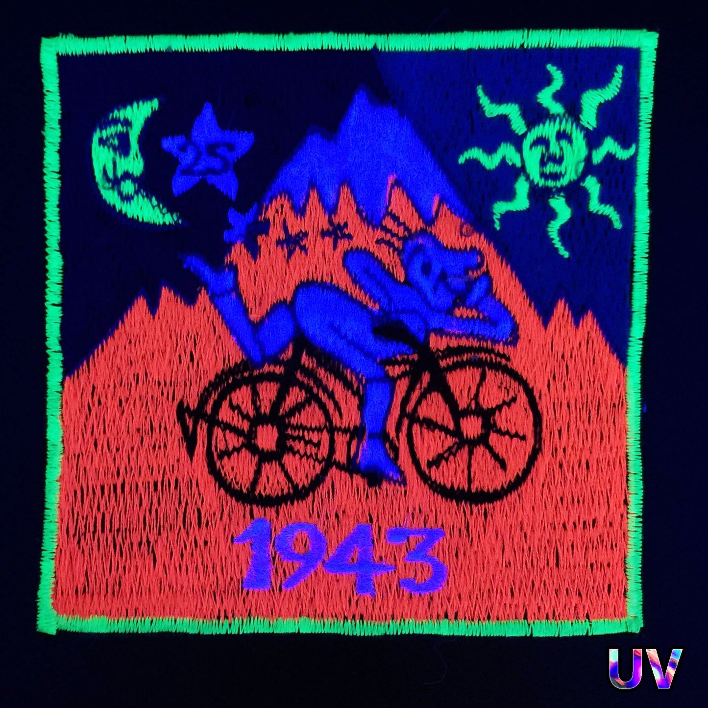 Bicycle Day Patch UV pink Albert Hofmann 1943 LSD Psychedelic Hippie Leary 3.5 inch embroidery for sew on psy trance festival wear outfit