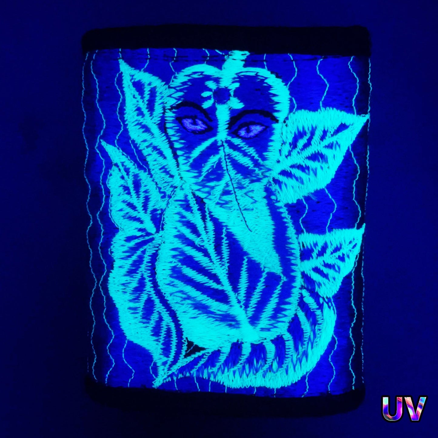 Blue Ganesha moneypocket - blacklight glowing wallet pocket for coins and cards and 2 for papermoney with hook & loop
