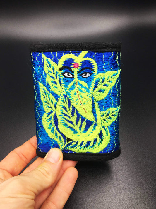 Blue Ganesha moneypocket - blacklight glowing wallet pocket for coins and cards and 2 for papermoney with hook & loop