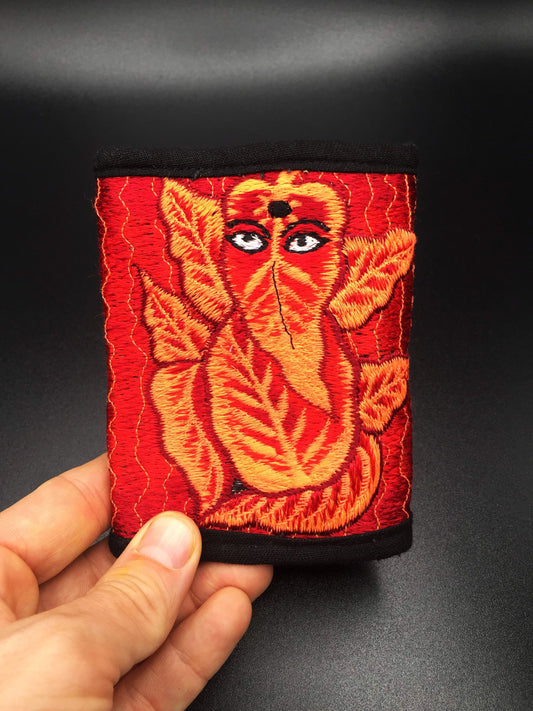Red Ganesha moneypocket - blacklight glowing wallet pocket for coins and cards and 2 for papermoney with hook & loop handmade embroidery