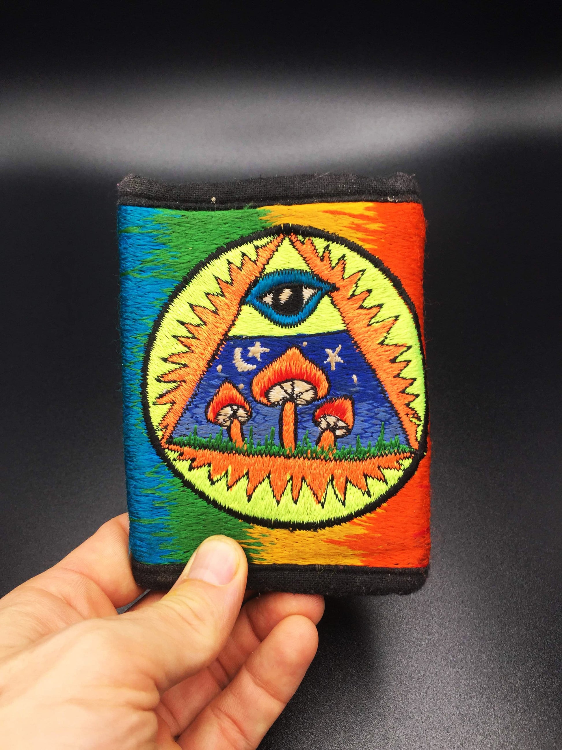 Illuminati Mushroom Wallet eye of consciousness - blacklight glowing pocket for coins and cards and 2 for papermoney hook & loop illuminati