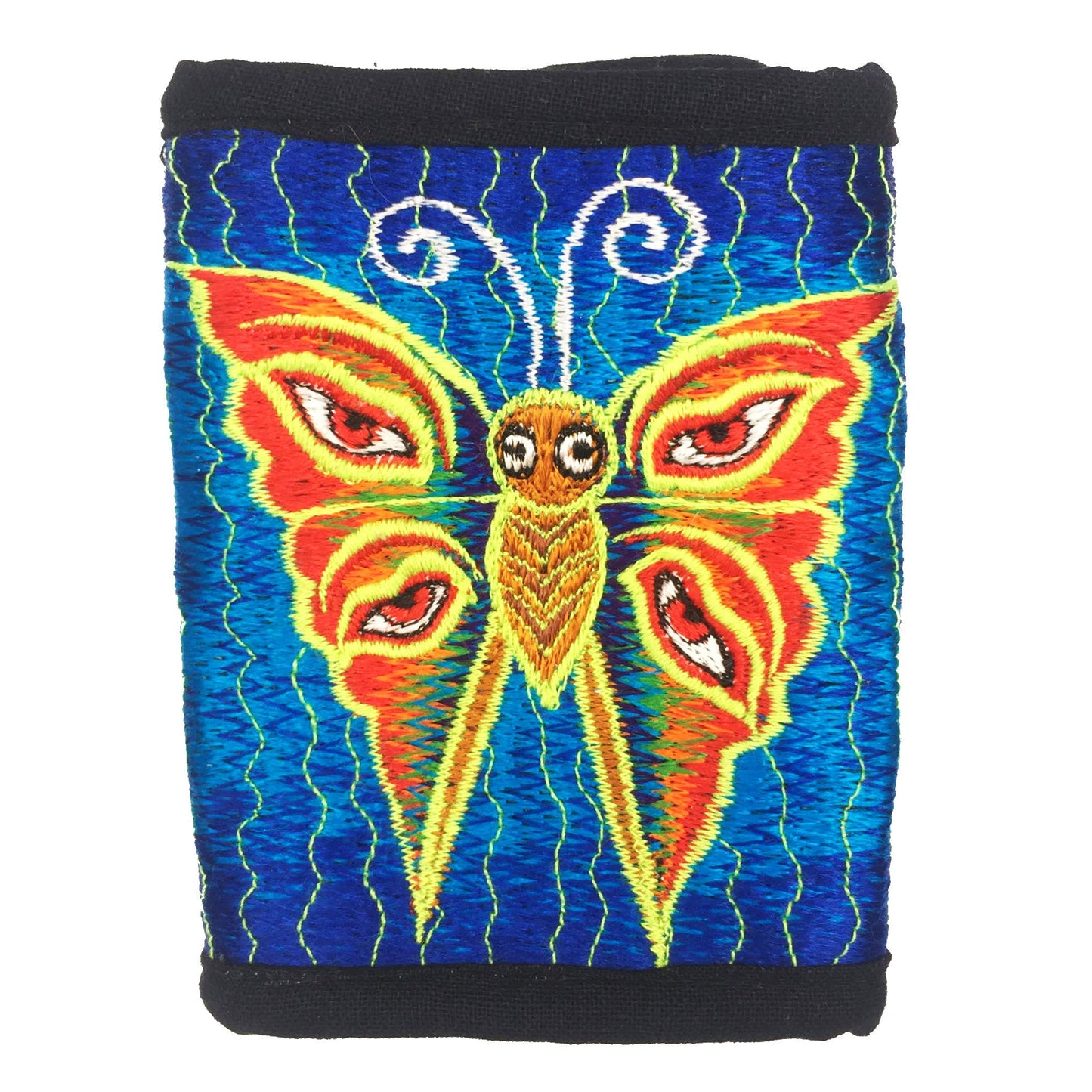 Rainbow butterfly moneypocket - blacklight glowing wallet pocket for coins and cards and 2 for papermoney hook & loop buddha eyes goa purse