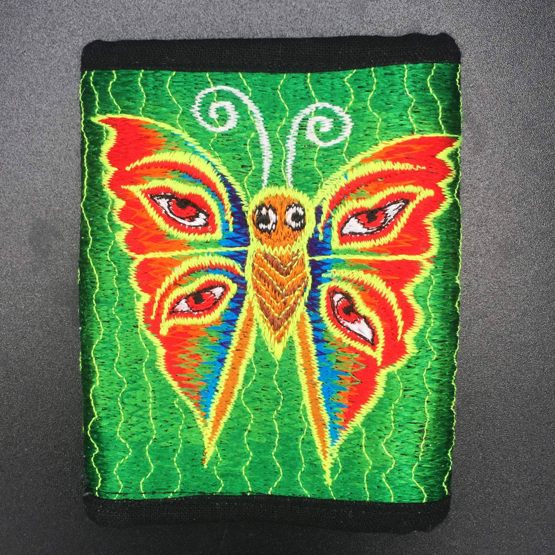 Rainbow butterfly moneypocket - blacklight glowing purse pocket for coins and cards and 2 for papermoney hook & loop buddha eyes goa wallet