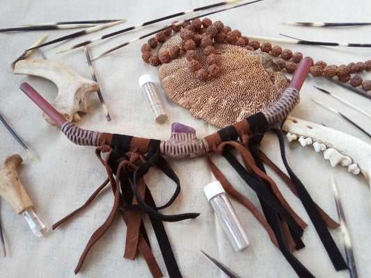 Tepi Rapè applicator - Traditionally used in Ayahuasca or Kambo ceremonies - handmade bamboo pipe with amethyst crystal and leather tassels