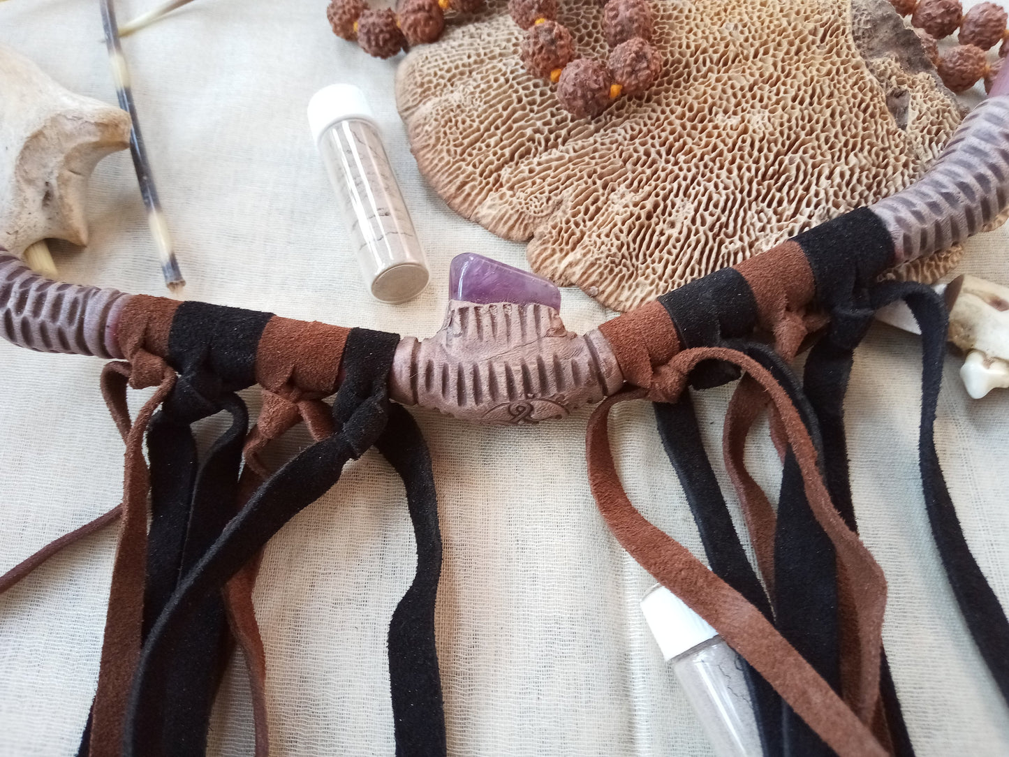 Tepi Rapè applicator - Traditionally used in Ayahuasca or Kambo ceremonies - handmade bamboo pipe with amethyst crystal and leather tassels