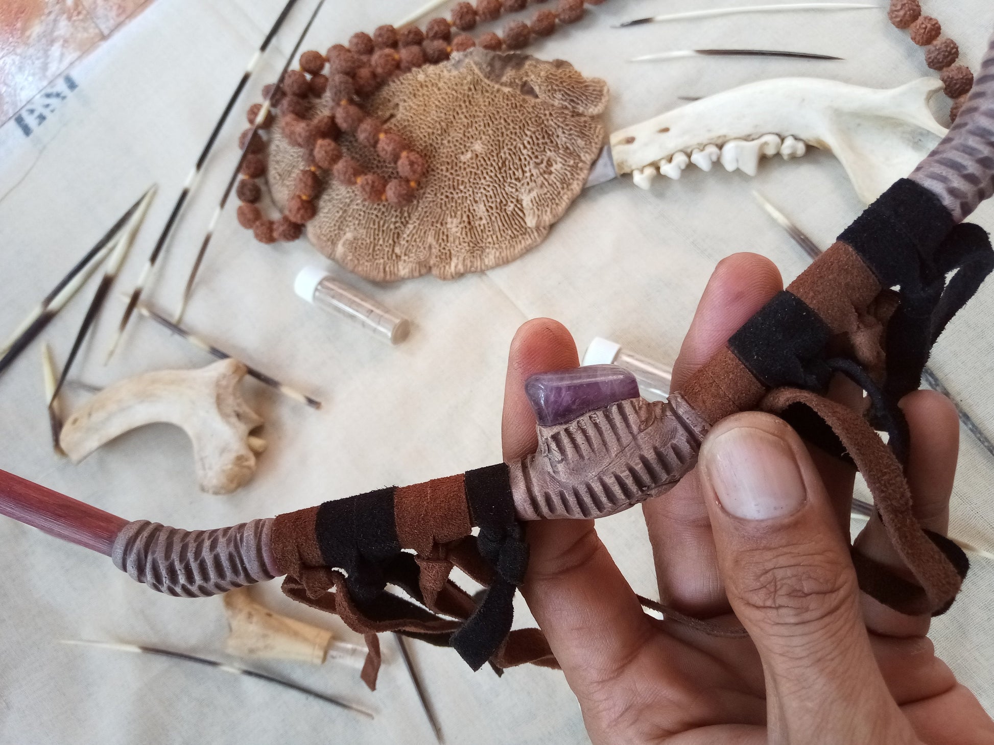 Tepi Rapè applicator - Traditionally used in Ayahuasca or Kambo ceremonies - handmade bamboo pipe with amethyst crystal and leather tassels