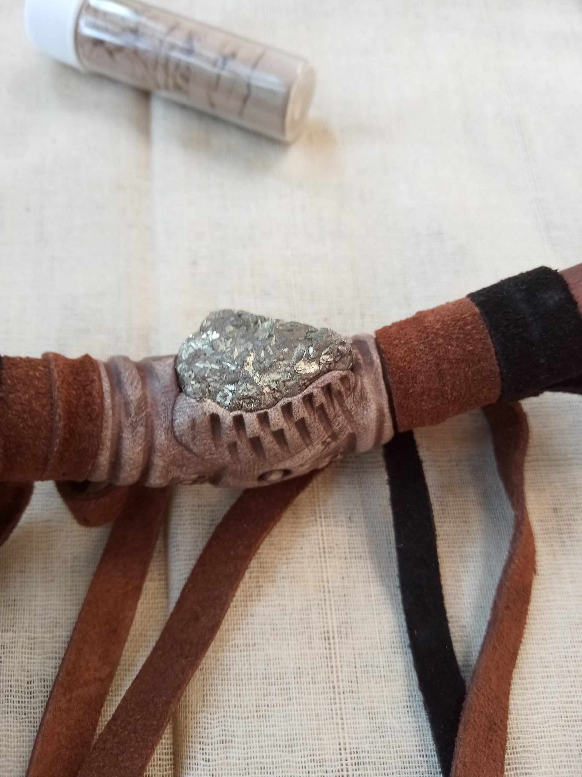 Tepi Rapè applicator - Traditionally in Ayahuasca or Kambo ceremonies - handmade bamboo pipe with raw pyrite crystal and leather tassels