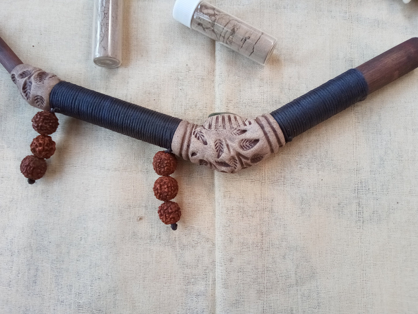 Tepi Rapè applicator - Traditionally used in Ayahuasca or Kambo ceremonies - handmade bamboo pipe with agate crystal gem and shiva rudrakshs