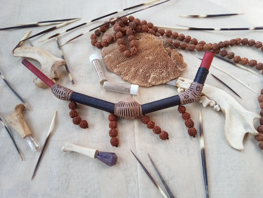 Tepi Rapè applicator - Traditionally used in Ayahuasca or Kambo ceremonies - handmade bamboo pipe with rose quartz gem and shiva rudrakshs
