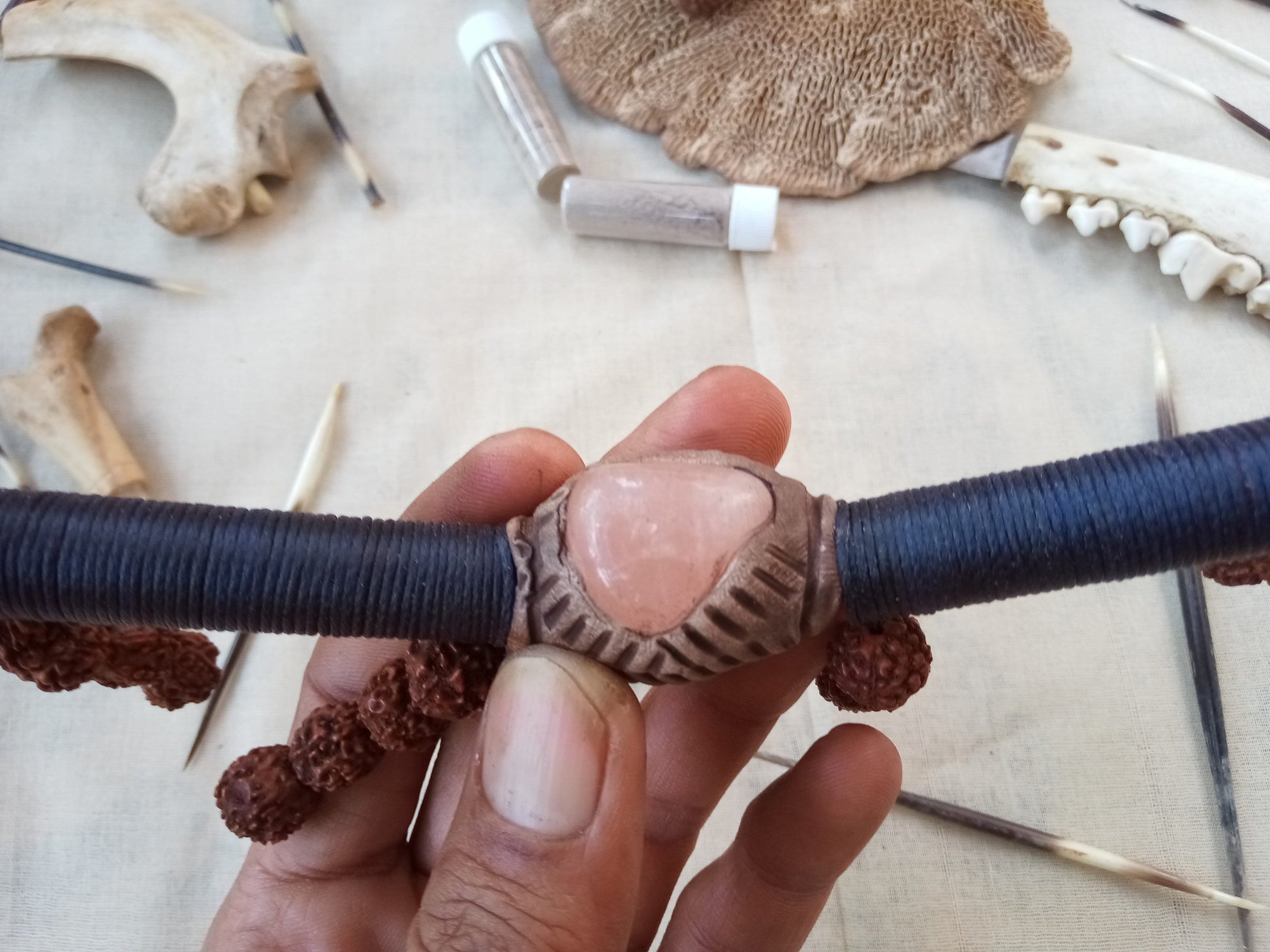 Tepi Rapè applicator - Traditionally used in Ayahuasca or Kambo ceremonies - handmade bamboo pipe with rose quartz gem and shiva rudrakshs