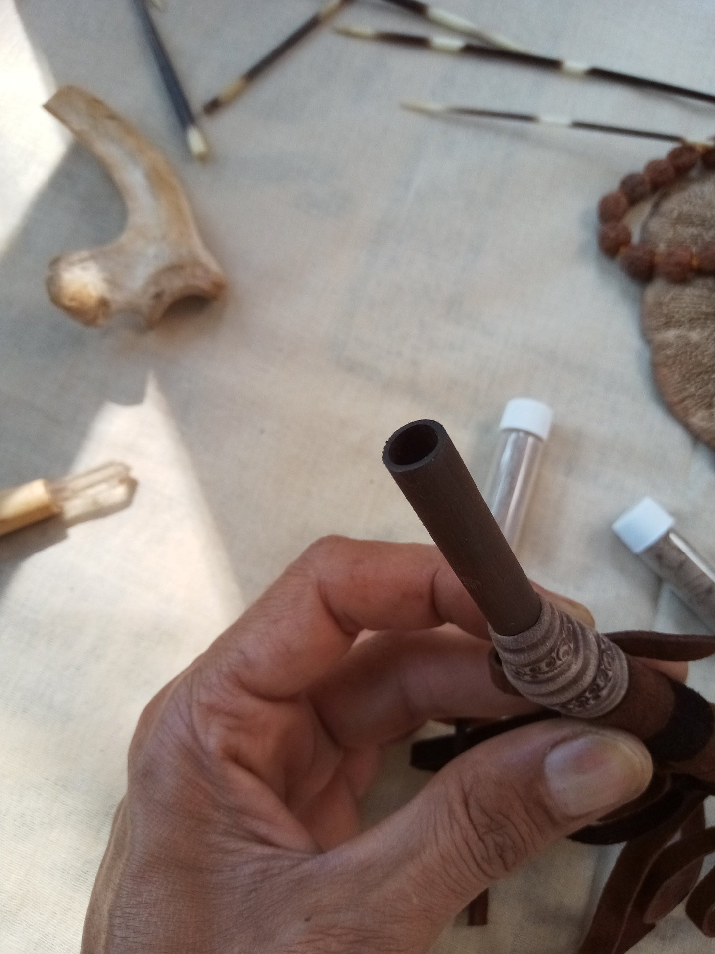 Tepi Rapè applicator - Traditionally in Ayahuasca or Kambo ceremonies - handmade bamboo pipe with raw pyrite crystal and leather tassels