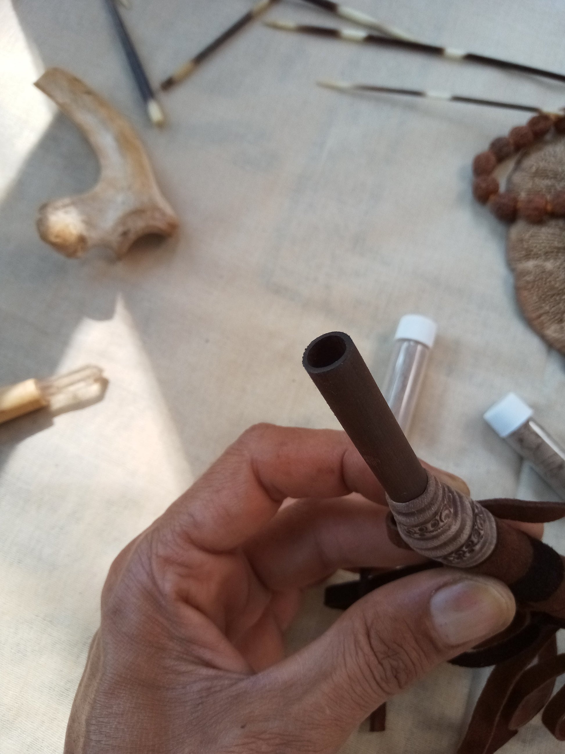Tepi Rapè applicator - Traditionally in Ayahuasca or Kambo ceremonies - handmade bamboo pipe with raw pyrite crystal and leather tassels