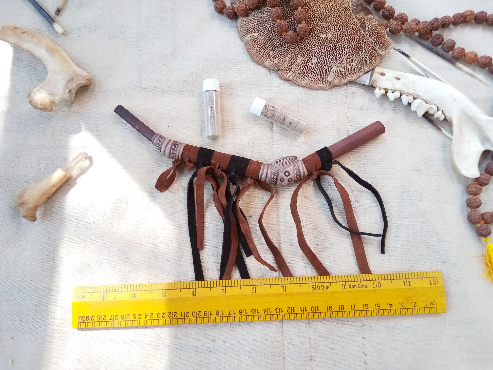 Tepi Rapè applicator - Traditionally in Ayahuasca or Kambo ceremonies - handmade bamboo pipe with raw pyrite crystal and leather tassels