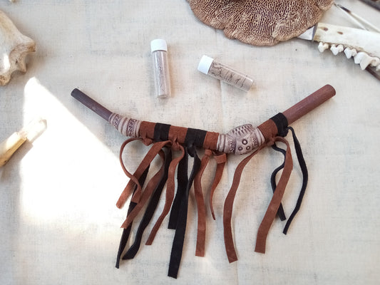 Tepi Rapè applicator - Traditionally in Ayahuasca or Kambo ceremonies - handmade bamboo pipe with raw pyrite crystal and leather tassels