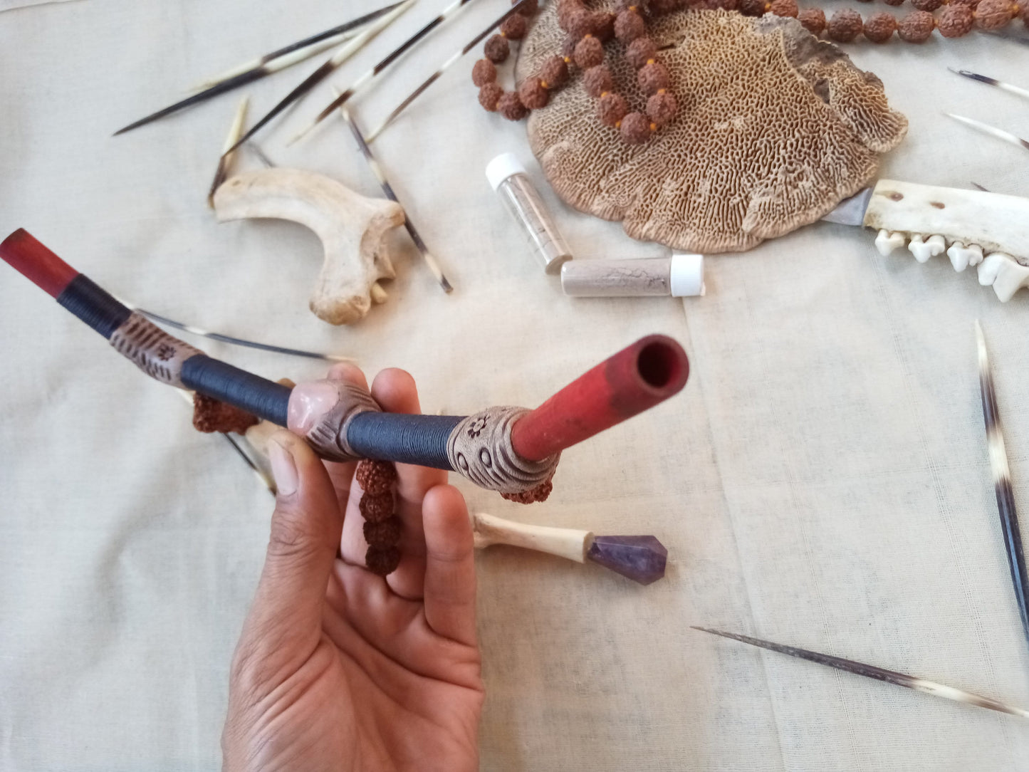 Tepi Rapè applicator - Traditionally used in Ayahuasca or Kambo ceremonies - handmade bamboo pipe with rose quartz gem and shiva rudrakshs