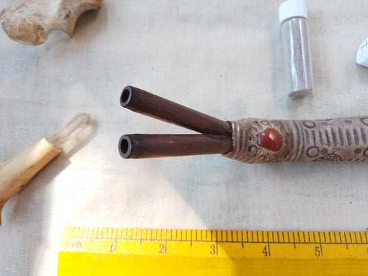 Double Tepi Rapè applicator - Traditionally used in Ayahuasca or Kambo ceremonies - handmade bamboo pipe with red jasper gem crystal