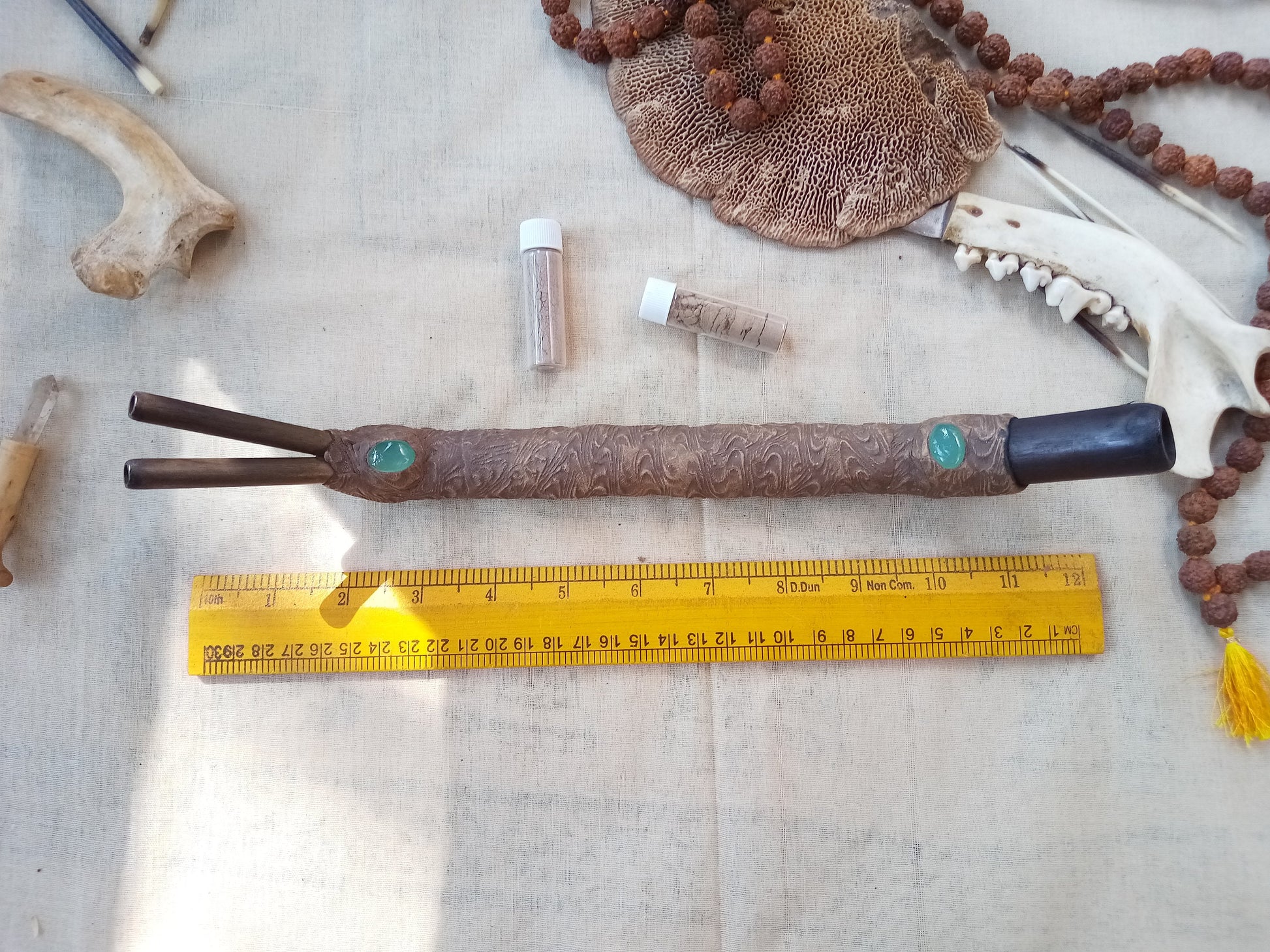 Double Tepi Rapè aquamarine applicator - Traditionally used in Ayahuasca or Kambo ceremonies - handmade bamboo pipe with gem crystal