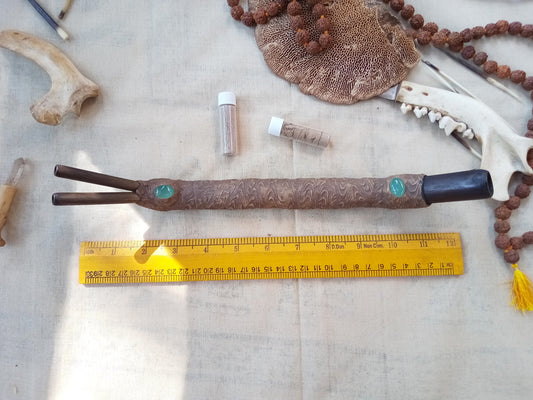 Double Tepi Rapè aquamarine applicator - Traditionally used in Ayahuasca or Kambo ceremonies - handmade bamboo pipe with gem crystal