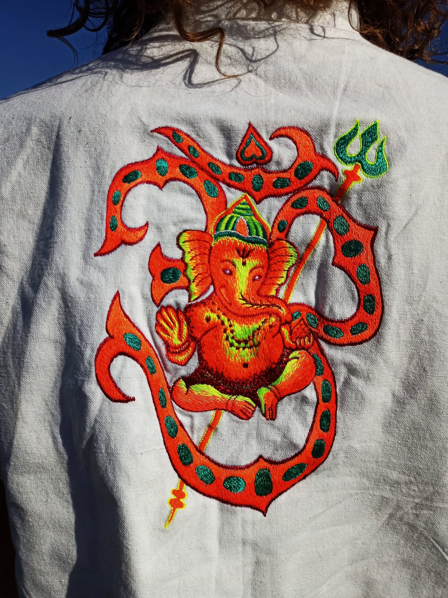 UV Ganesha AUM Jacket - handmade in your size on order - UV blacklight active with secret zip lock inside pocket Goa Trance Psychedelic wear