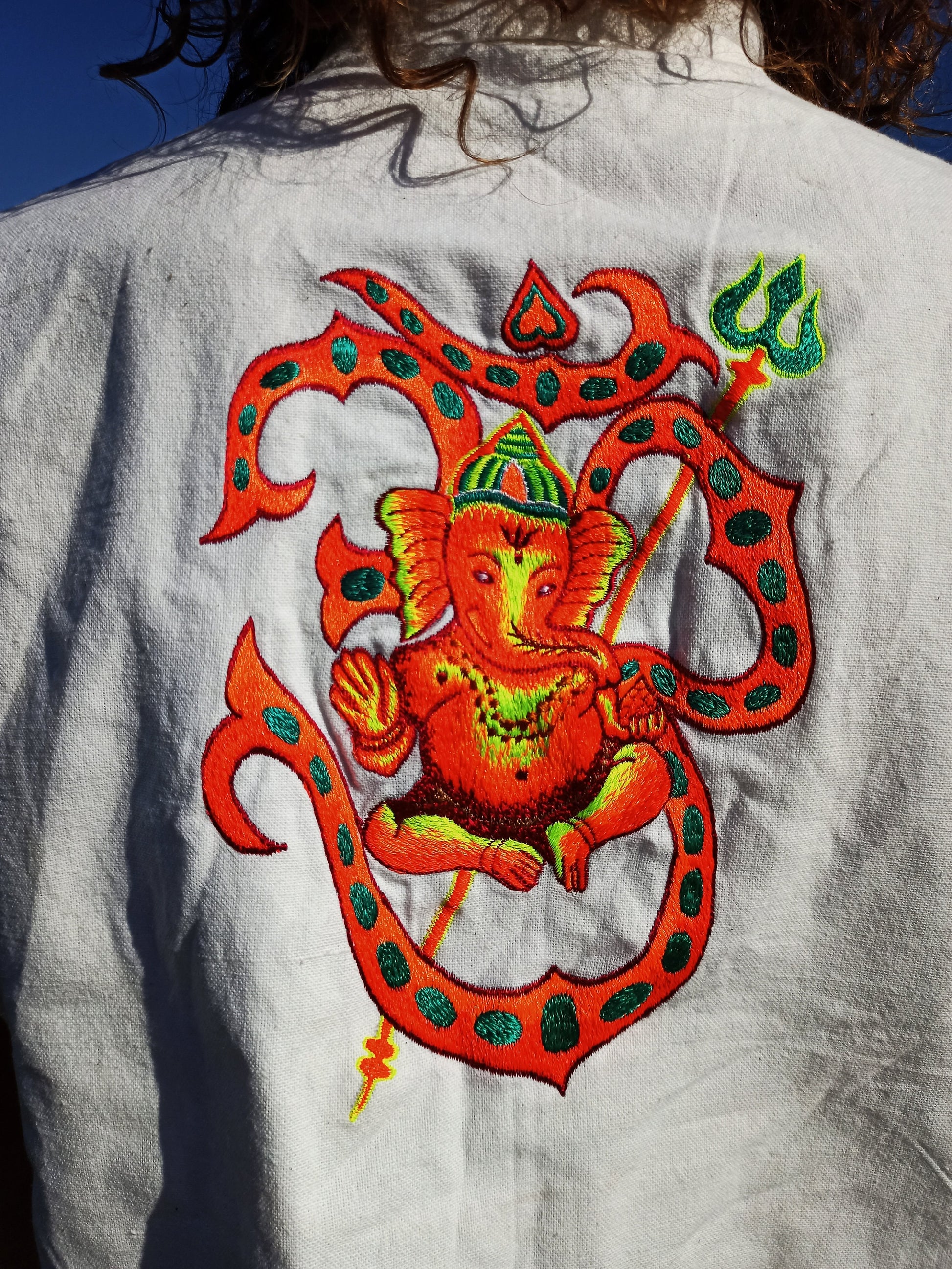 UV Ganesha AUM Jacket - handmade in your size on order - UV blacklight active with secret zip lock inside pocket Goa Trance Psychedelic wear