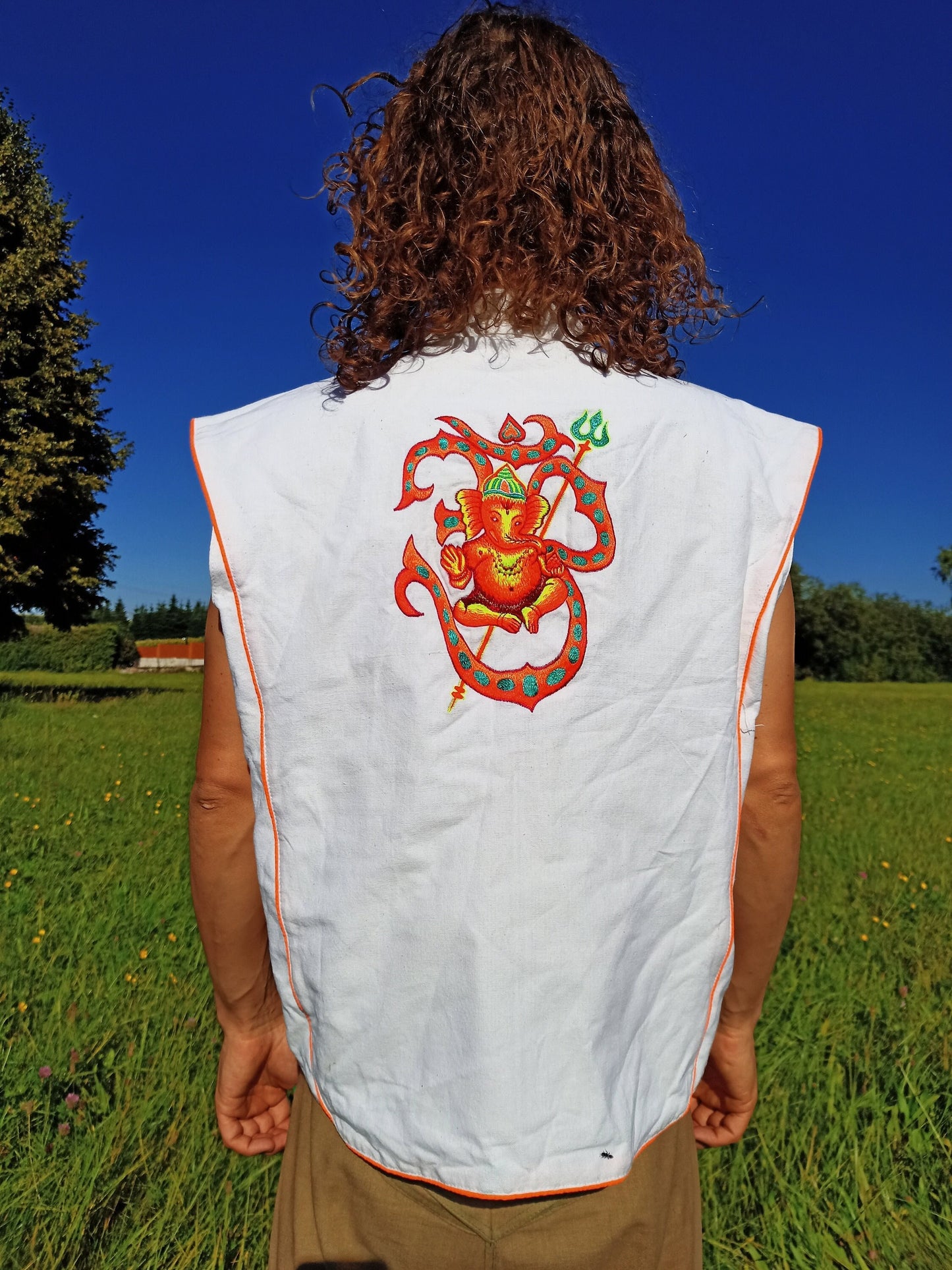 UV Ganesha AUM Jacket - handmade in your size on order - UV blacklight active with secret zip lock inside pocket Goa Trance Psychedelic wear