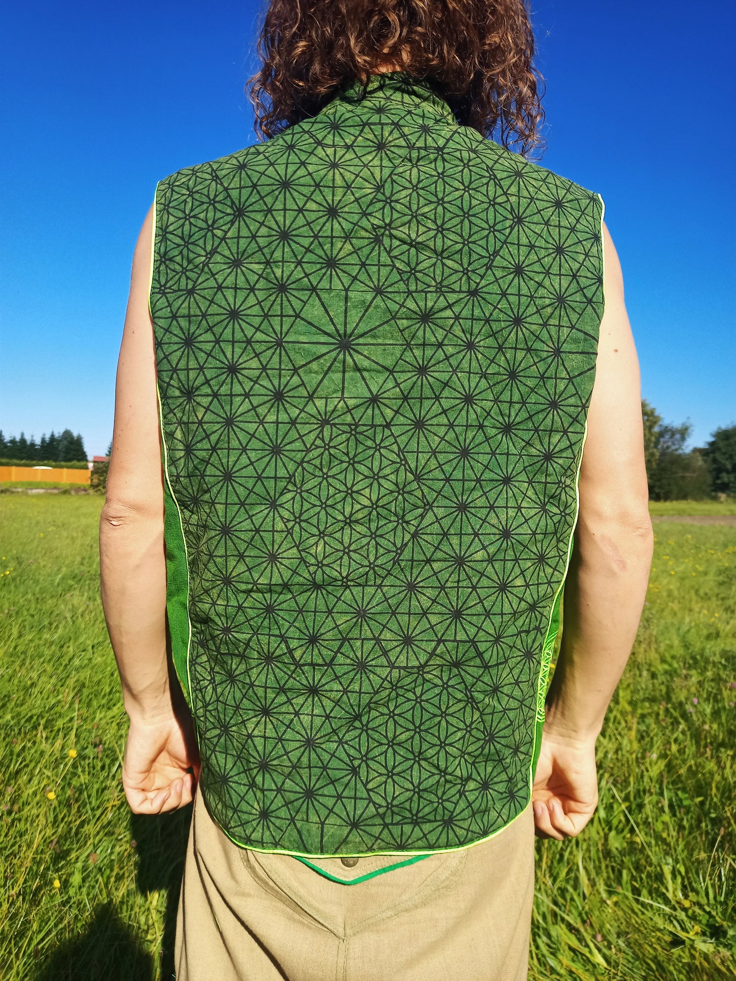 Green Beautiful Asanoha Jacket - handmade in your size on order - with secret zip lock inside pocket Goa Trance Hemp Pattern sacred geometry