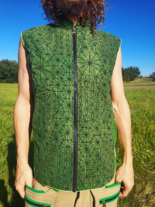 Green Beautiful Asanoha Jacket - handmade in your size on order - with secret zip lock inside pocket Goa Trance Hemp Pattern sacred geometry