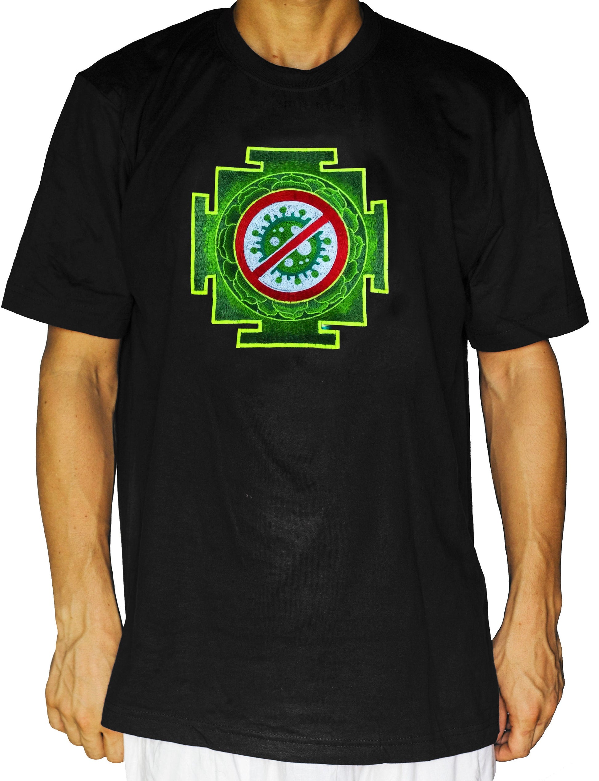 Antivirus T-Shirt Green Yantra in any size and color - sacred healing geometry - my body my choice no vax - with flower of life embroidery