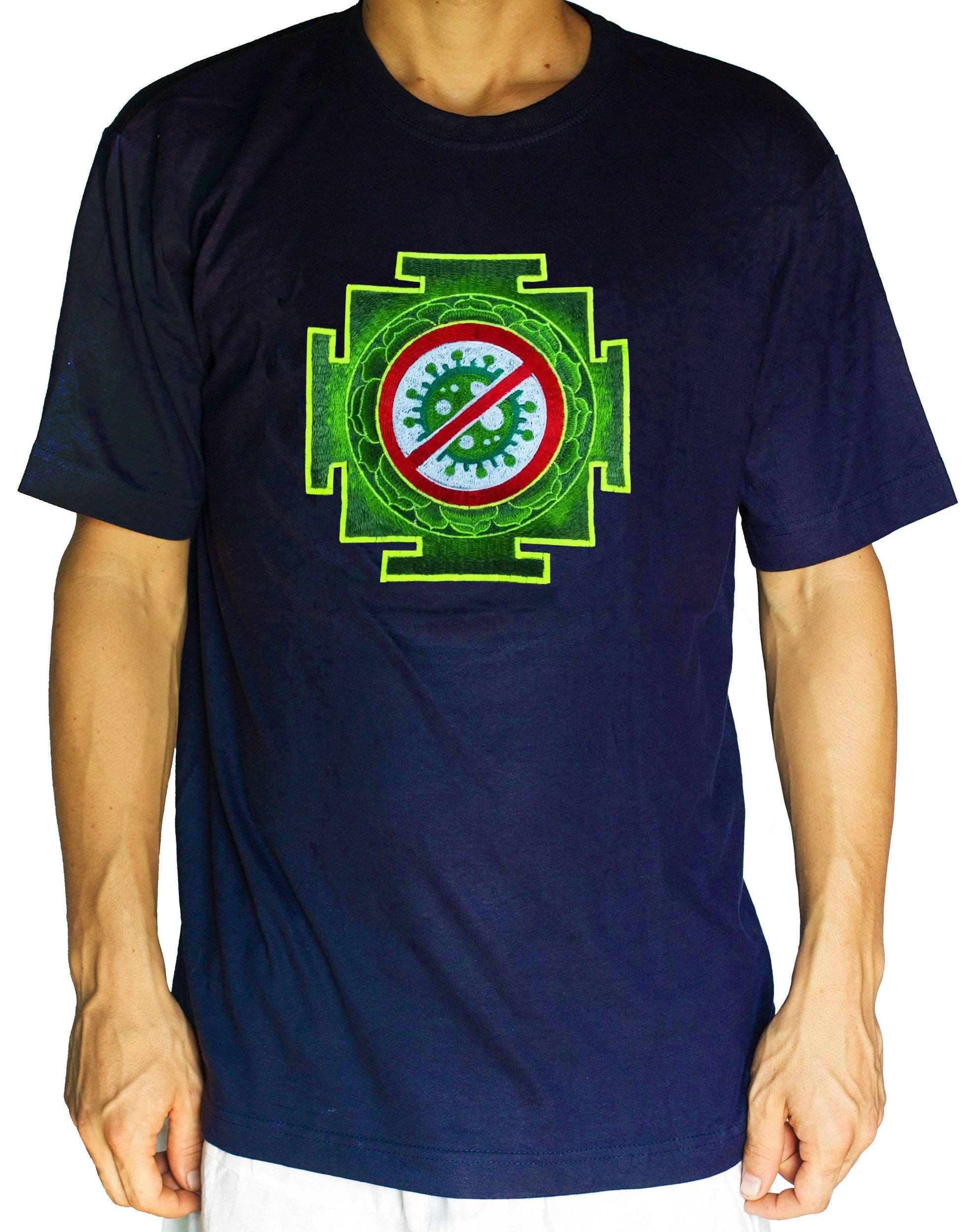 Antivirus T-Shirt Green Yantra in any size and color - sacred healing geometry - my body my choice no vax - with flower of life embroidery