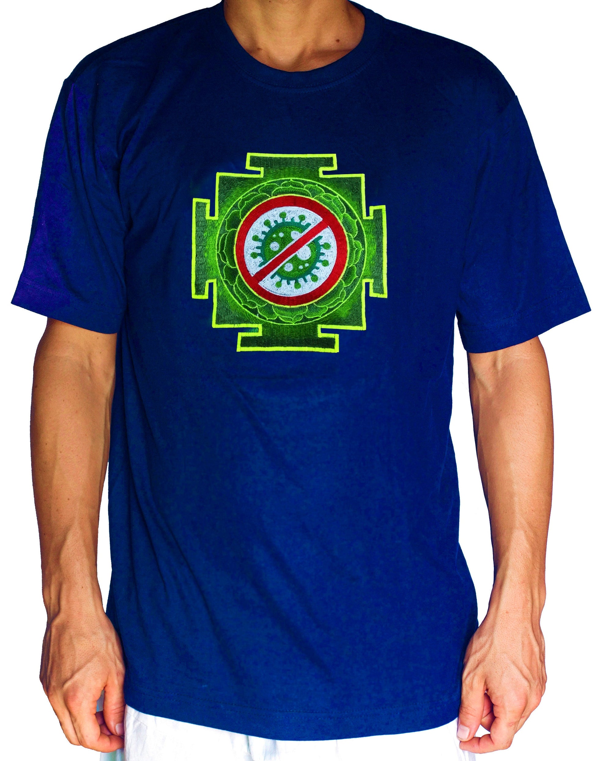 Antivirus T-Shirt Green Yantra in any size and color - sacred healing geometry - my body my choice no vax - with flower of life embroidery
