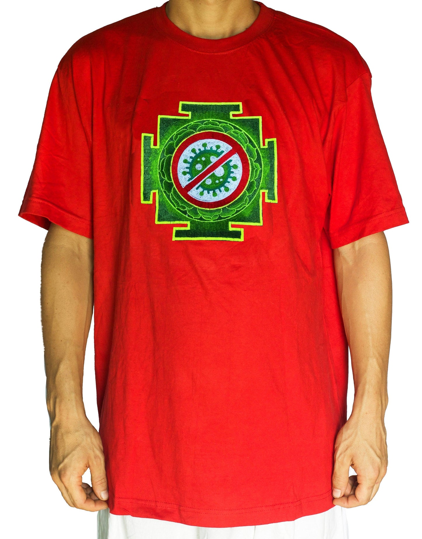 Antivirus T-Shirt Green Yantra in any size and color - sacred healing geometry - my body my choice no vax - with flower of life embroidery
